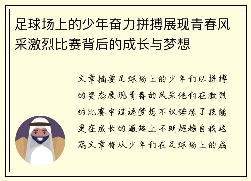足球场上的少年奋力拼搏展现青春风采激烈比赛背后的成长与梦想