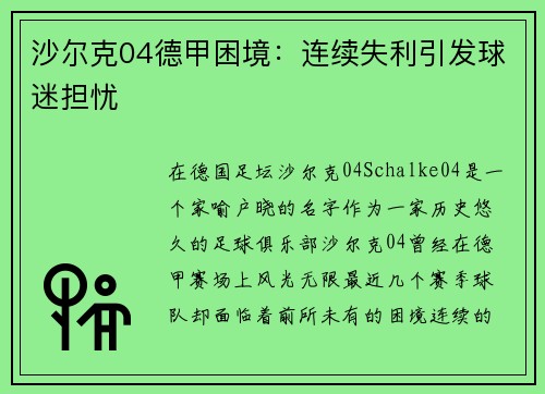 沙尔克04德甲困境：连续失利引发球迷担忧