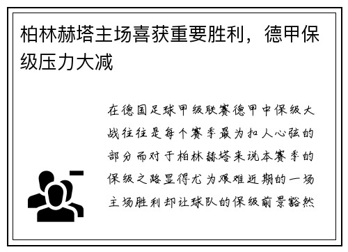 柏林赫塔主场喜获重要胜利，德甲保级压力大减