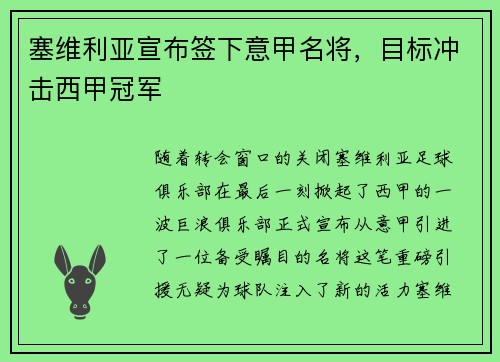 塞维利亚宣布签下意甲名将，目标冲击西甲冠军