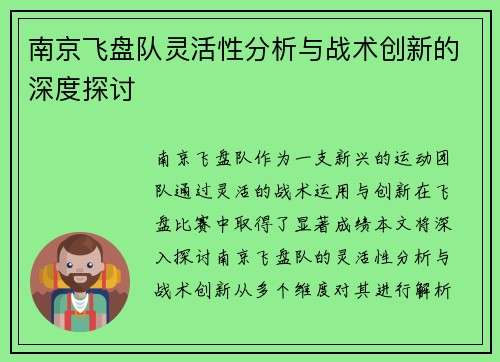 南京飞盘队灵活性分析与战术创新的深度探讨